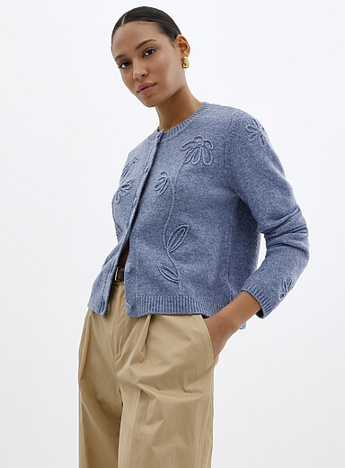 Contemporaine Slate Blue Touch of wool embossed flowers cardigan for women