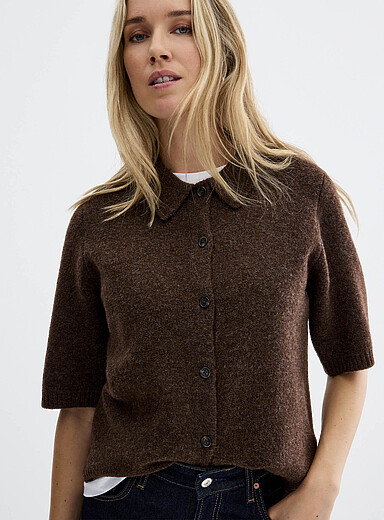 Contemporaine Chocolate/Espresso Plain plush shirt-collar cardigan for women
