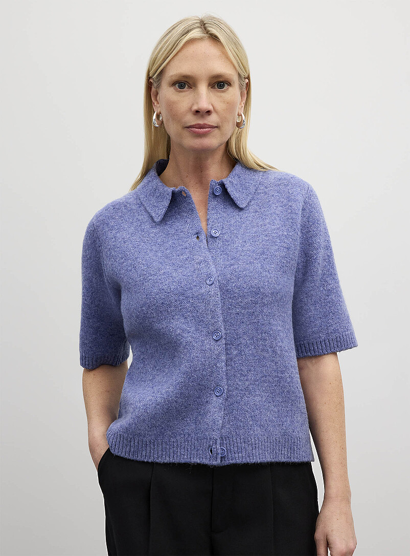 Contemporaine: Le cardigan moelleux col chemise uni Lilas pour femme