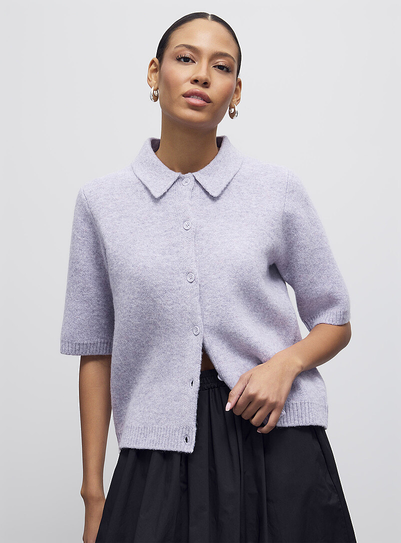 Contemporaine: Le cardigan moelleux col chemise uni Lilas pour femme