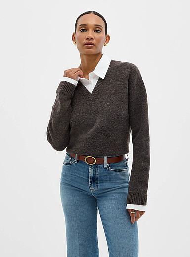 Poplin shirt overlaid effect boxy-fit sweater