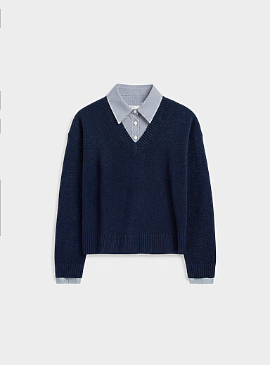 Poplin shirt overlaid effect boxy-fit sweater