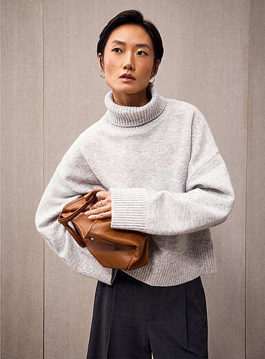 Contemporaine Light Grey Loose fluffy turtleneck sweater for women