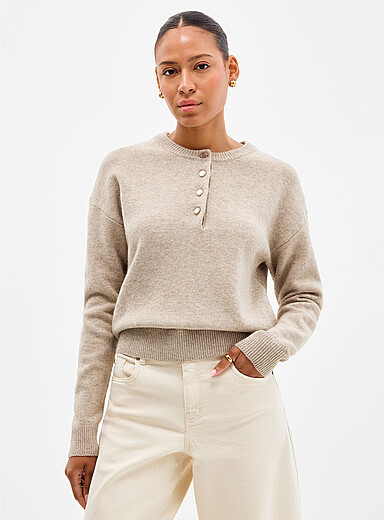 Solid felted knit Henley sweater