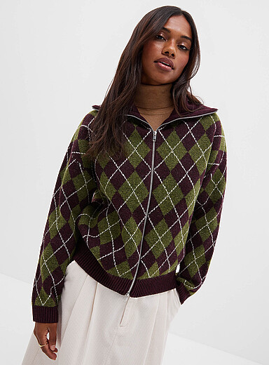 Contemporaine: Le cardigan zipp&eacute; ample tricot jacquard Pourpre &agrave; motifs pour femme