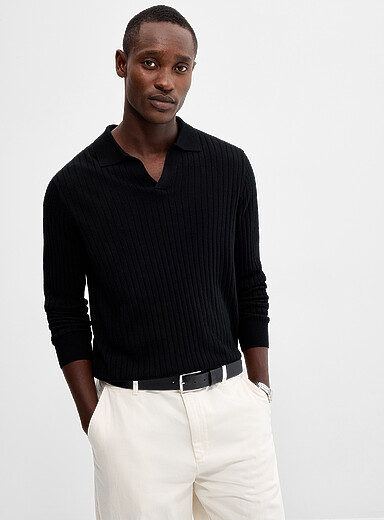 Le 31 Black Responsible merino wool flat-ribbed polo for men