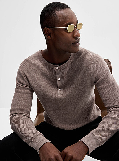 Le 31 Taupe Responsible merino wool ribbed Henley sweater for men
