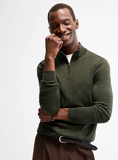 Le 31 Mossy Green Responsible merino wool zipped-collar sweater for men