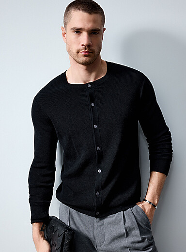 Le 31 Black Responsible merino wool ribbed cardigan for men