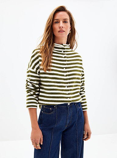 Contemporaine: Le cardigan ray&eacute; col chemin&eacute;e Kaki - Sauge - Olive pour femme