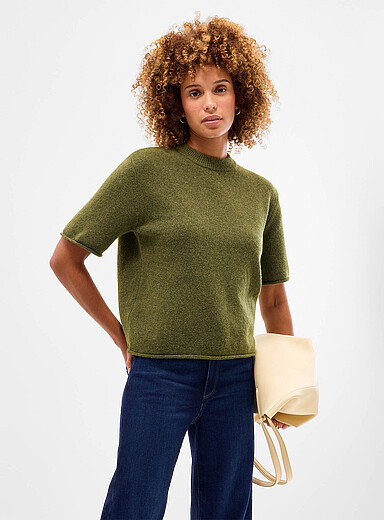 Contemporaine Mossy Green Rolled hem felted boxy sweater for women