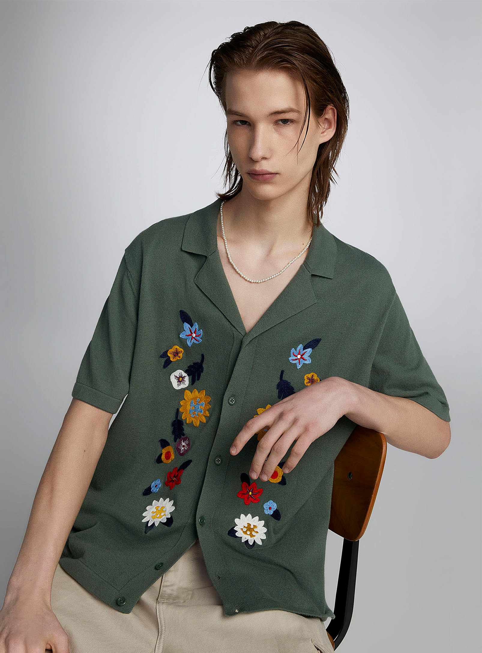 Djab Embroidered Flower Camp-collar Cardigan In Patterned Green