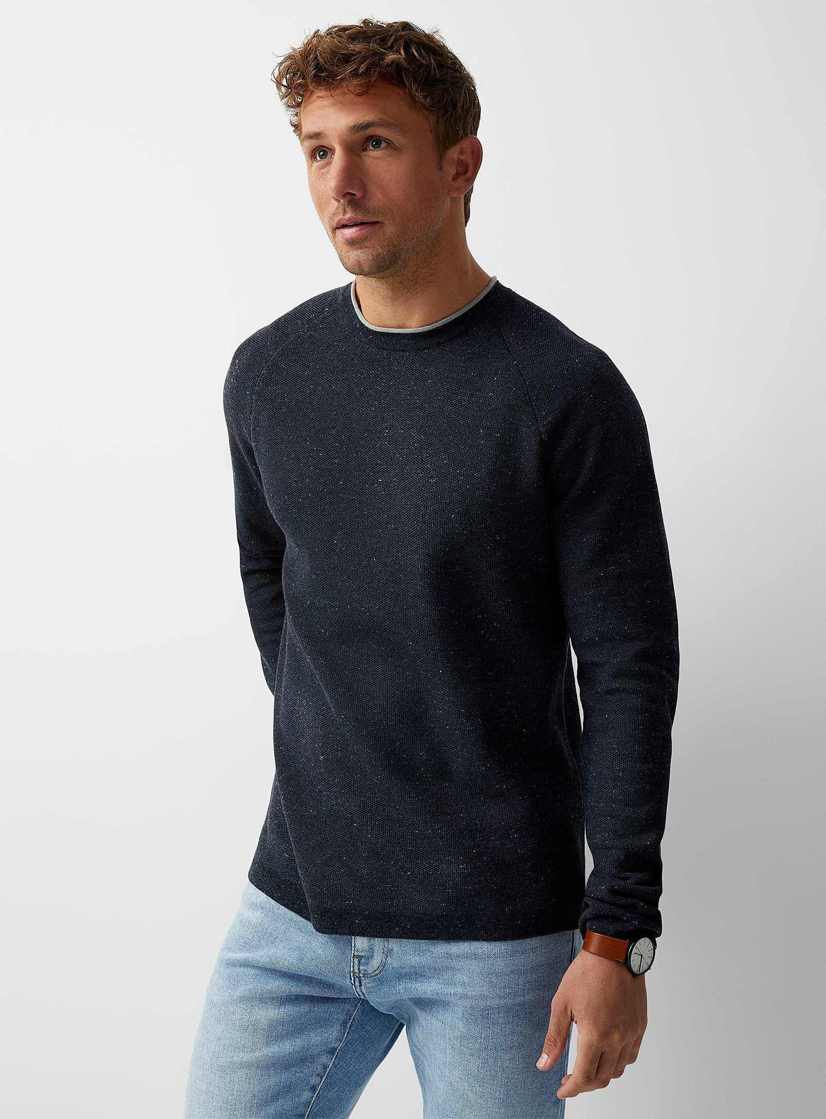 Le 31 Honeycomb Textured Sweater In Marine Blue