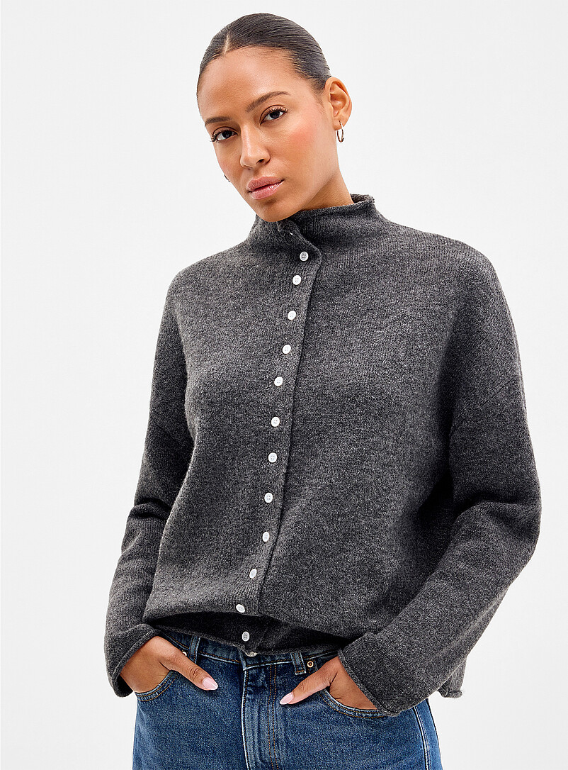 Plush funnel-neck cardigan product image (primary)