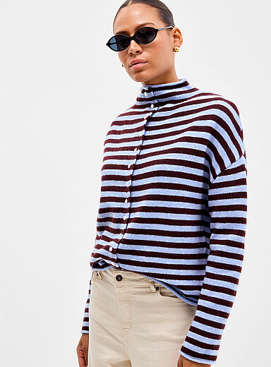 Striped funnel neck cardigan