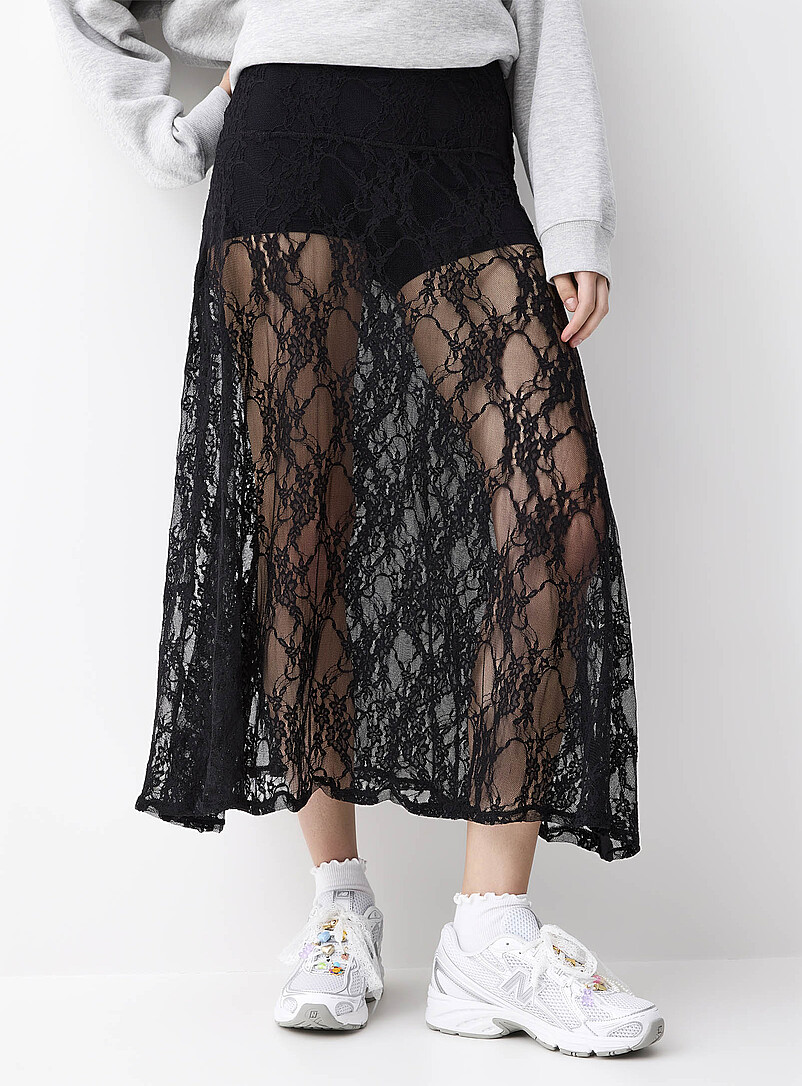 Twik Black Floral lace flared skirt for women