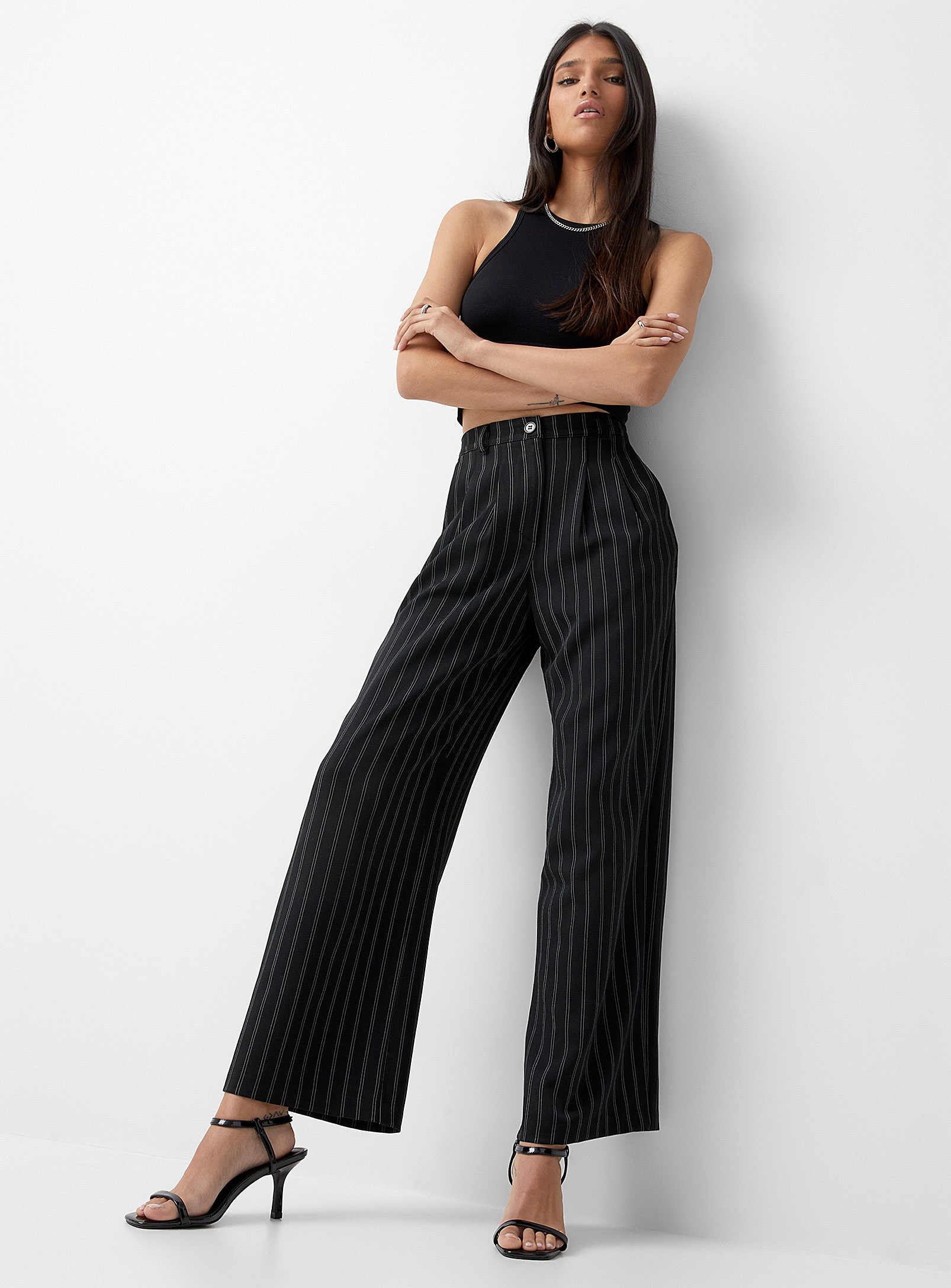Icone Wide-leg Pinstripe Pant In Black | ModeSens