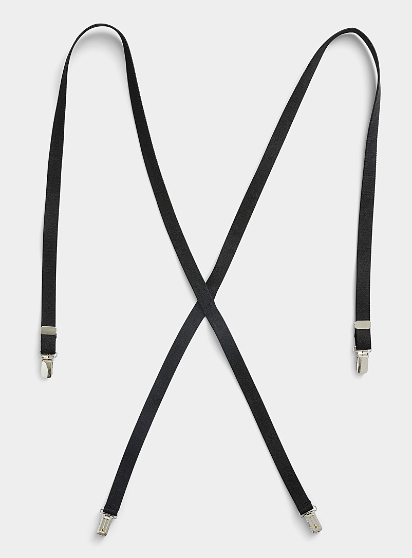 Mens Elastic No Slip Pin Clip x Back Suspenders With Leather Trim - Black  (Available in 2 Colors)