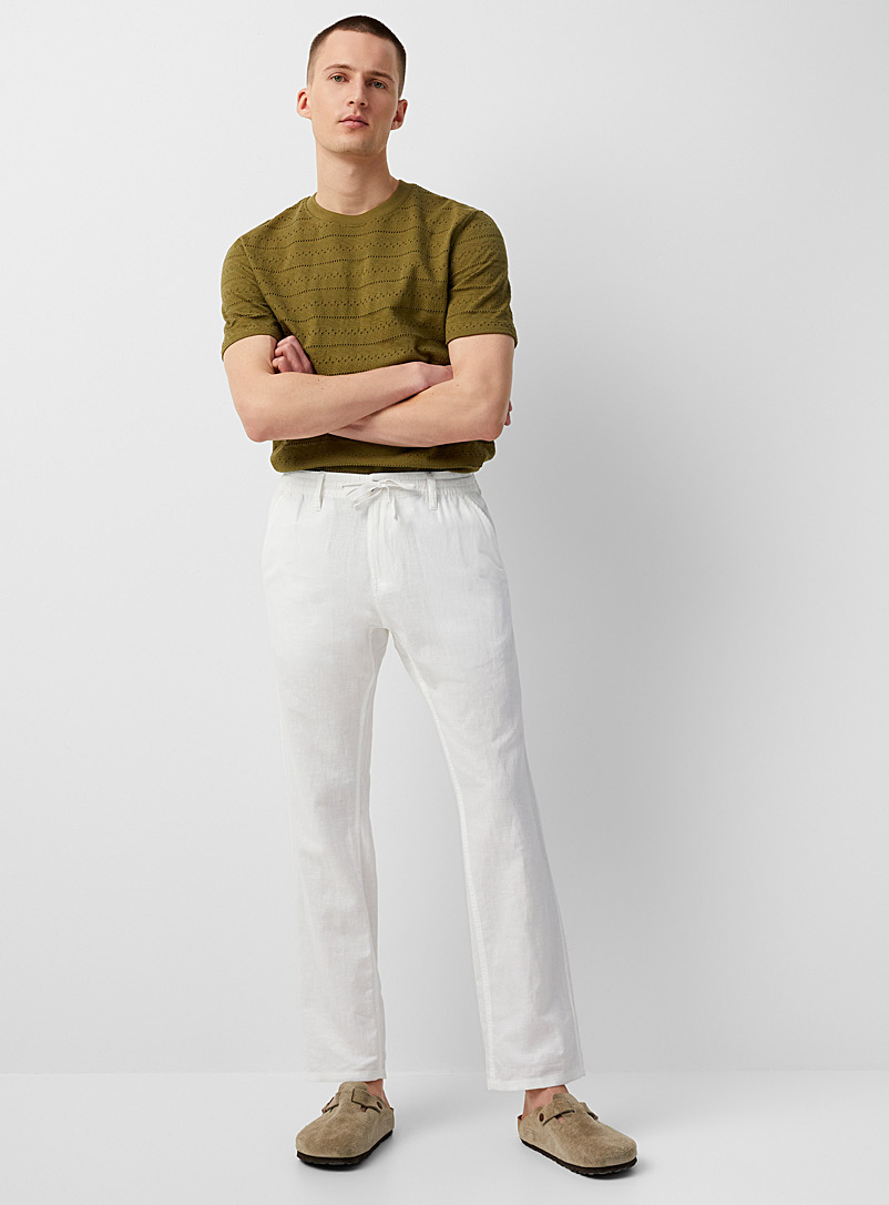 Public Beach White Cotton-linen comfort-waist pant for men