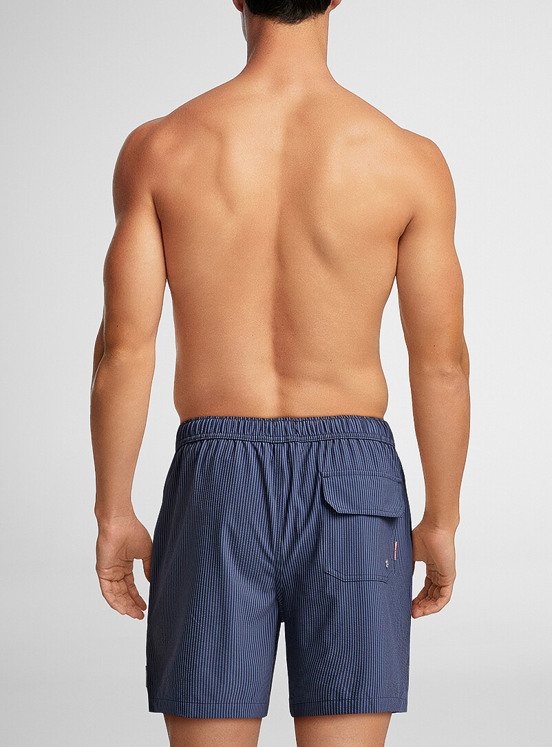 Public Beach Blue Seersucker striped stretch swim trunk for men