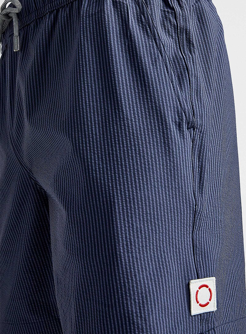 Public Beach Blue Seersucker striped stretch swim trunk for men
