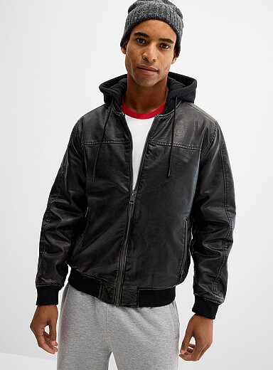 Projek Raw Black Hooded faux-leather bomber jacket for men
