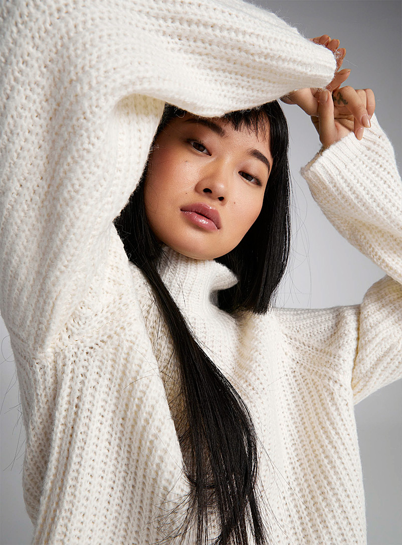 Twik Ivory White Two-tone knit mock-neck sweater for women