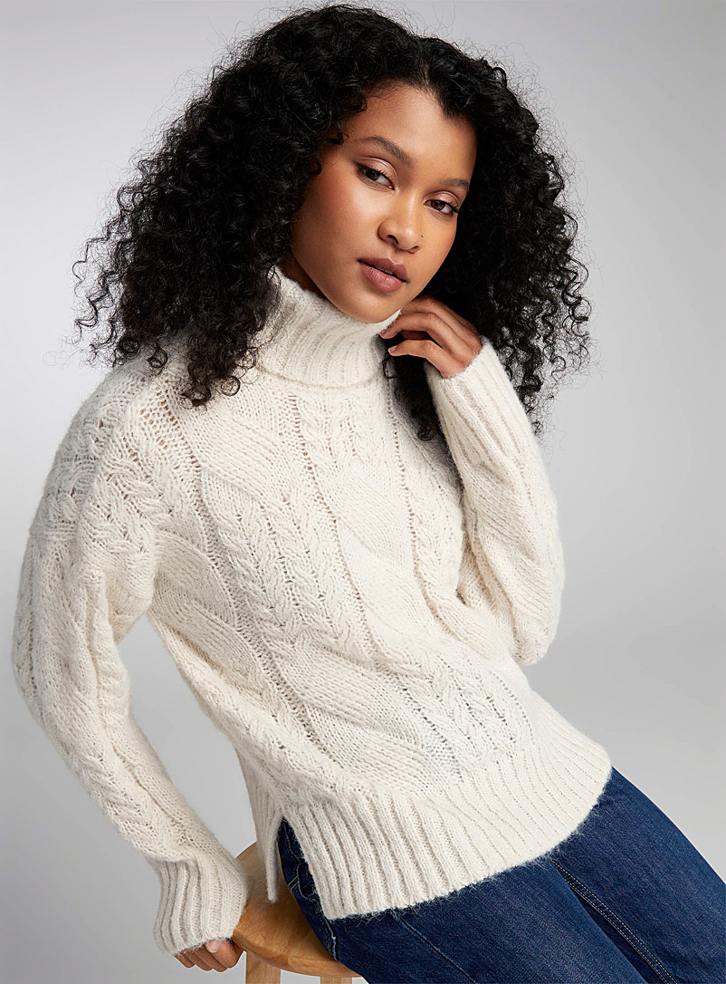 Twik Ivory White Retro cables turtleneck sweater for women