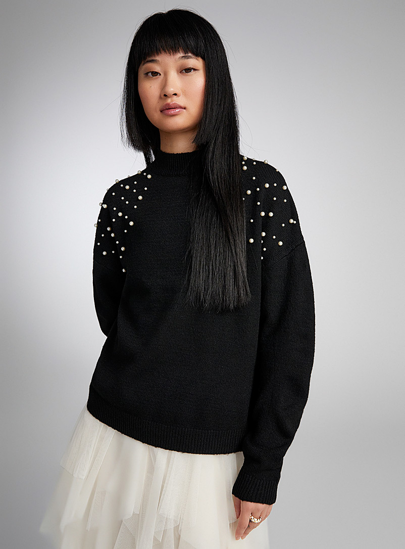 Twik Black Beaded shoulders sweater for women