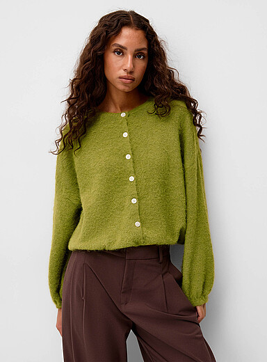 Pieces Olive Green Fuzzy-knit blousing cardigan for women