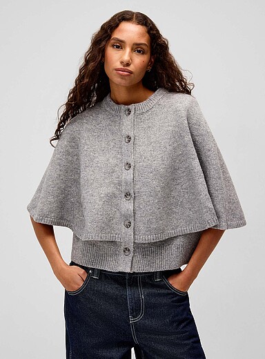 Twik Light Grey Plush knit caped cardigan for women