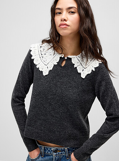 Pieces: Le chandail col Claudine effet crochet Charbon pour femme