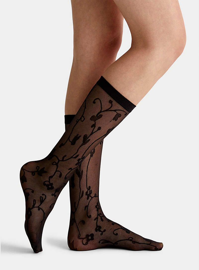 Simons Black Contrast floral knee-highs for women