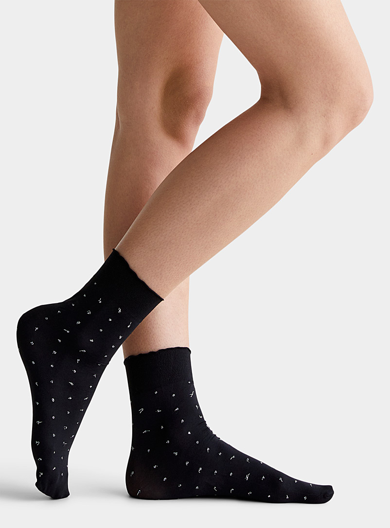 Simons Black Solid and shiny dot ankle socks Set of 2 for women