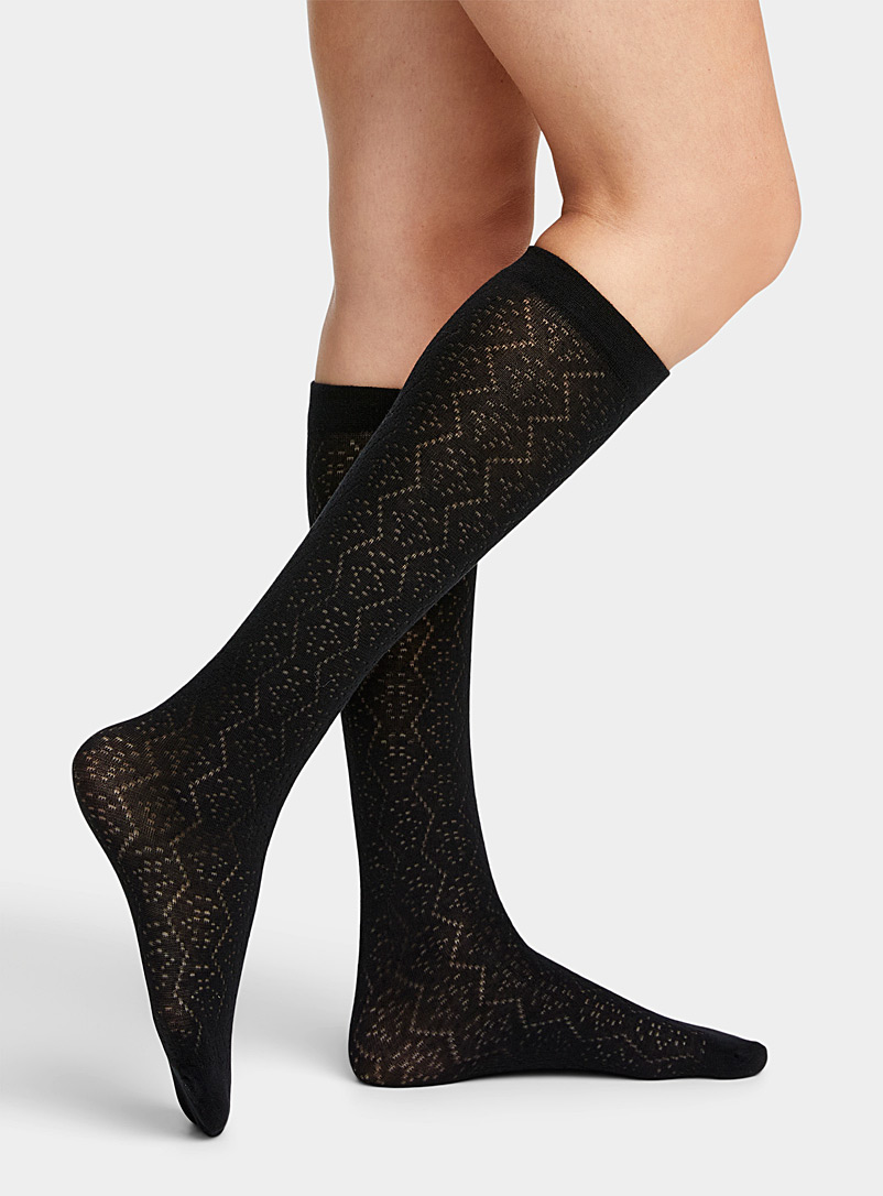Simons Black Openwork knit knee-high sock for women