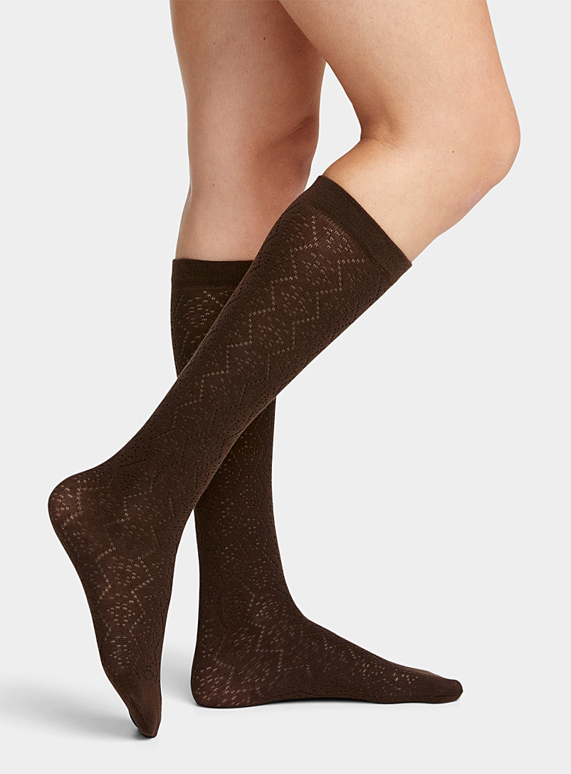 Simons Dark Brown Openwork knit knee-high sock for women