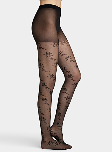 Black Small Flowers Patterned Tights for Women Gift for Her. 