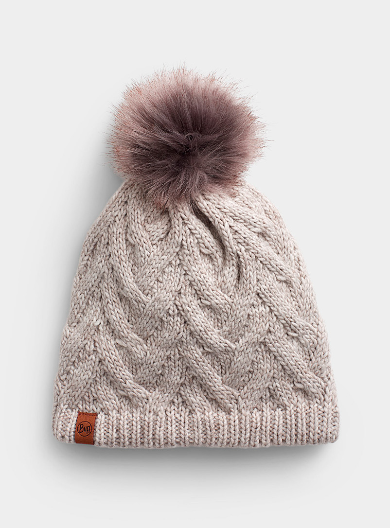 Buff Ivory White Braided-knit pompom tuque for women