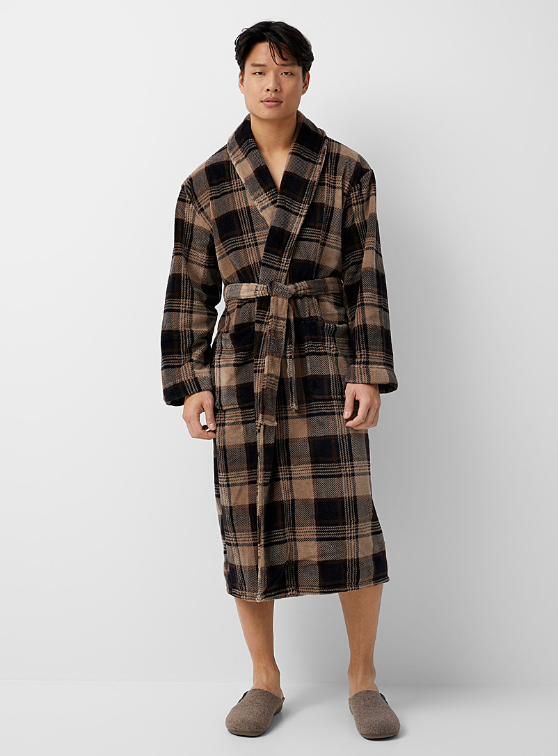 Majestic Patterned Brown Colourful check polar fleece robe for men