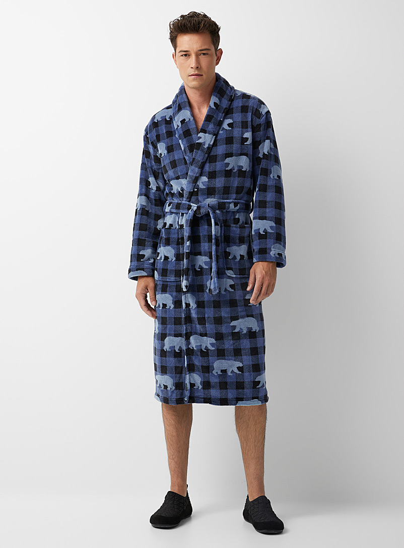 Majestic Patterned Blue Check and bear fleece robe for men