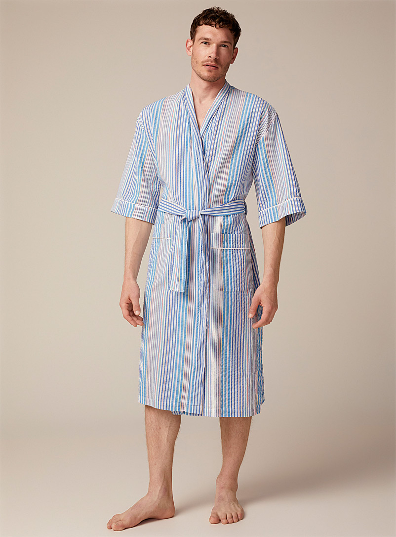 Majestic Patterned White Summer-stripe seersucker robe for men
