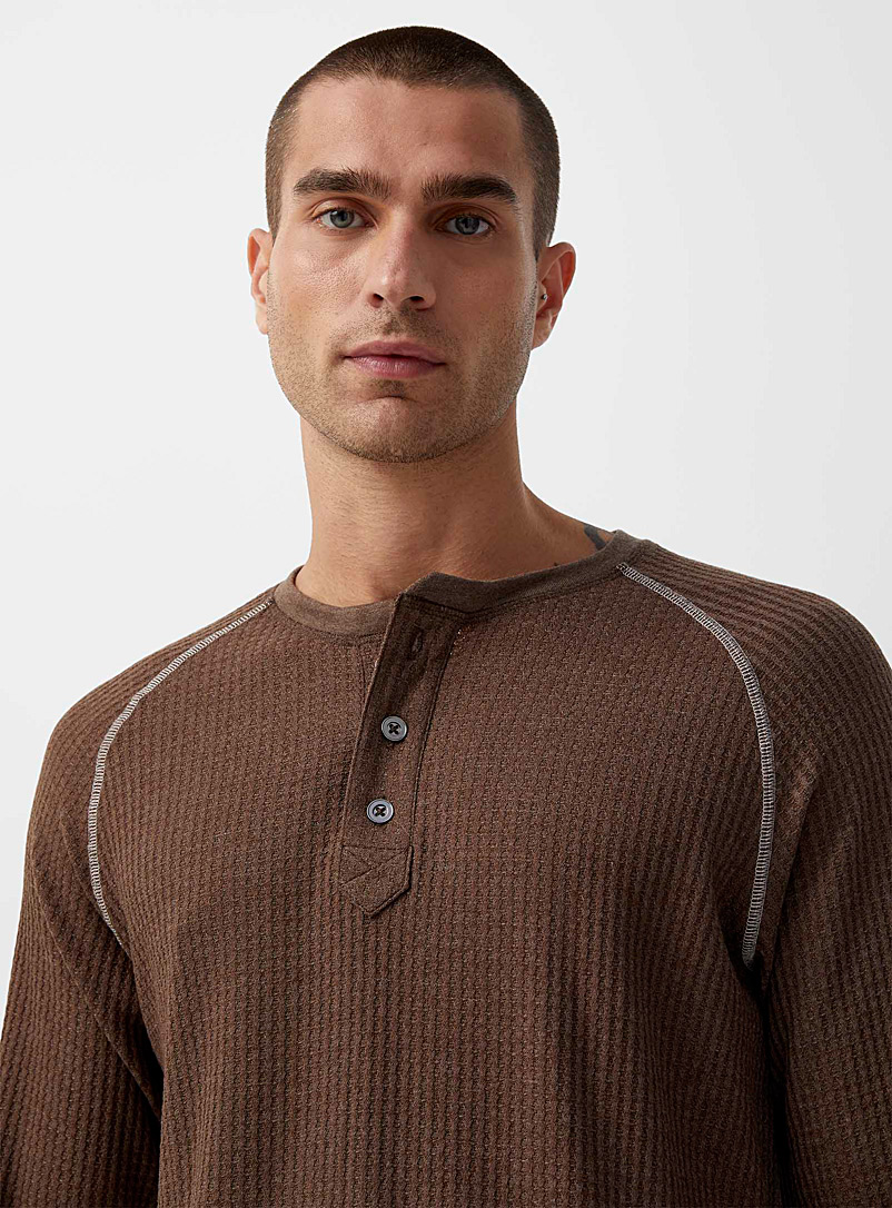 Majestic Brown Waffled Henley lounge T-shirt for men