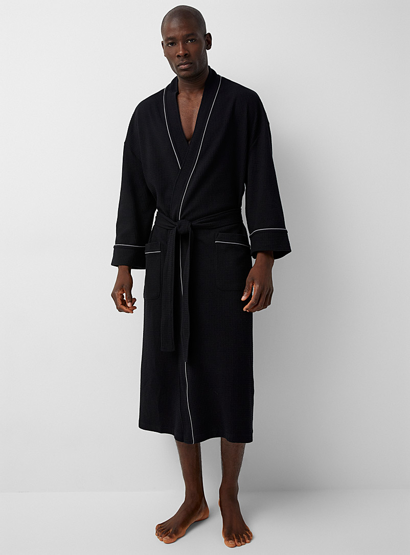 Majestic Black Piped waffle robe for men