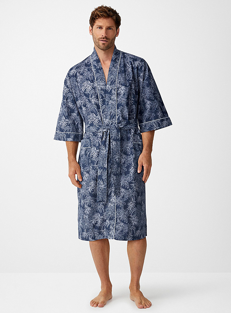 Majestic Patterned Blue Palm tree pure cotton robe for men