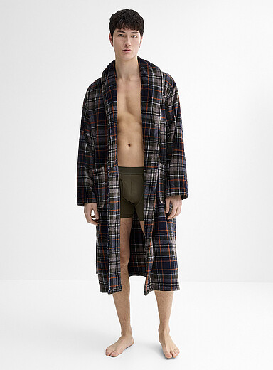 Majestic Charcoal Blue check plush robe for men
