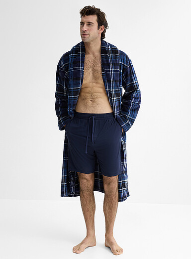Majestic Blue Blue check plush robe for men