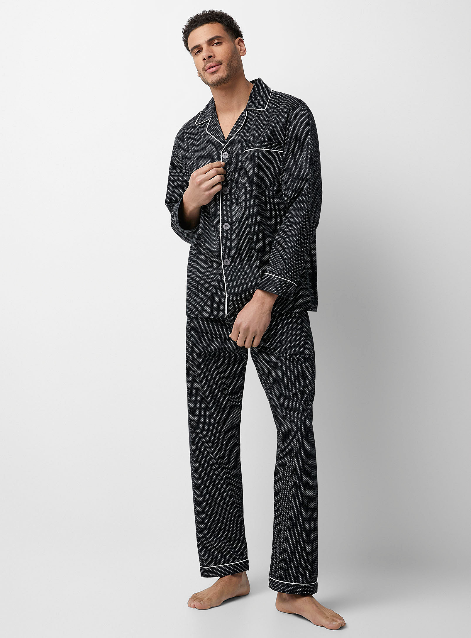 Majestic Micro-dotwork Cotton Pyjama Set In Patterned Black