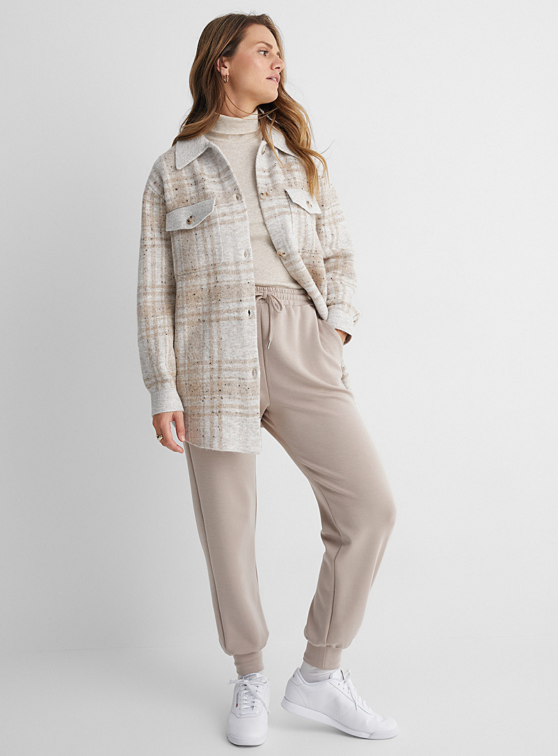 Line Cream Beige Checkered knit overshirt for women