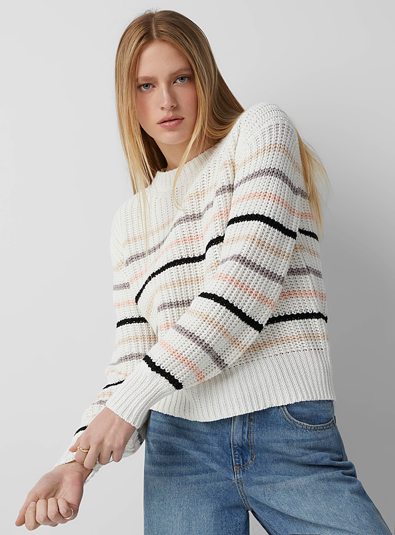 Icône Ivory White Soft-coloured stripes rib-knit sweater for women