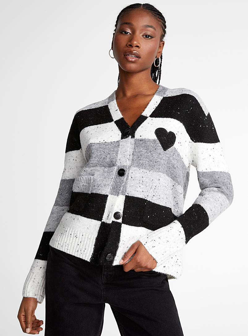 Icône Patterned Black Bouclé heart confetti and stripes cardigan for women